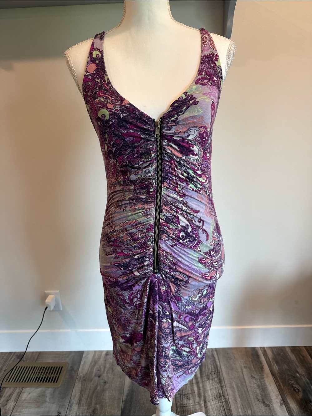 Purple Paisley Ruched Zip-Front Midi Dress